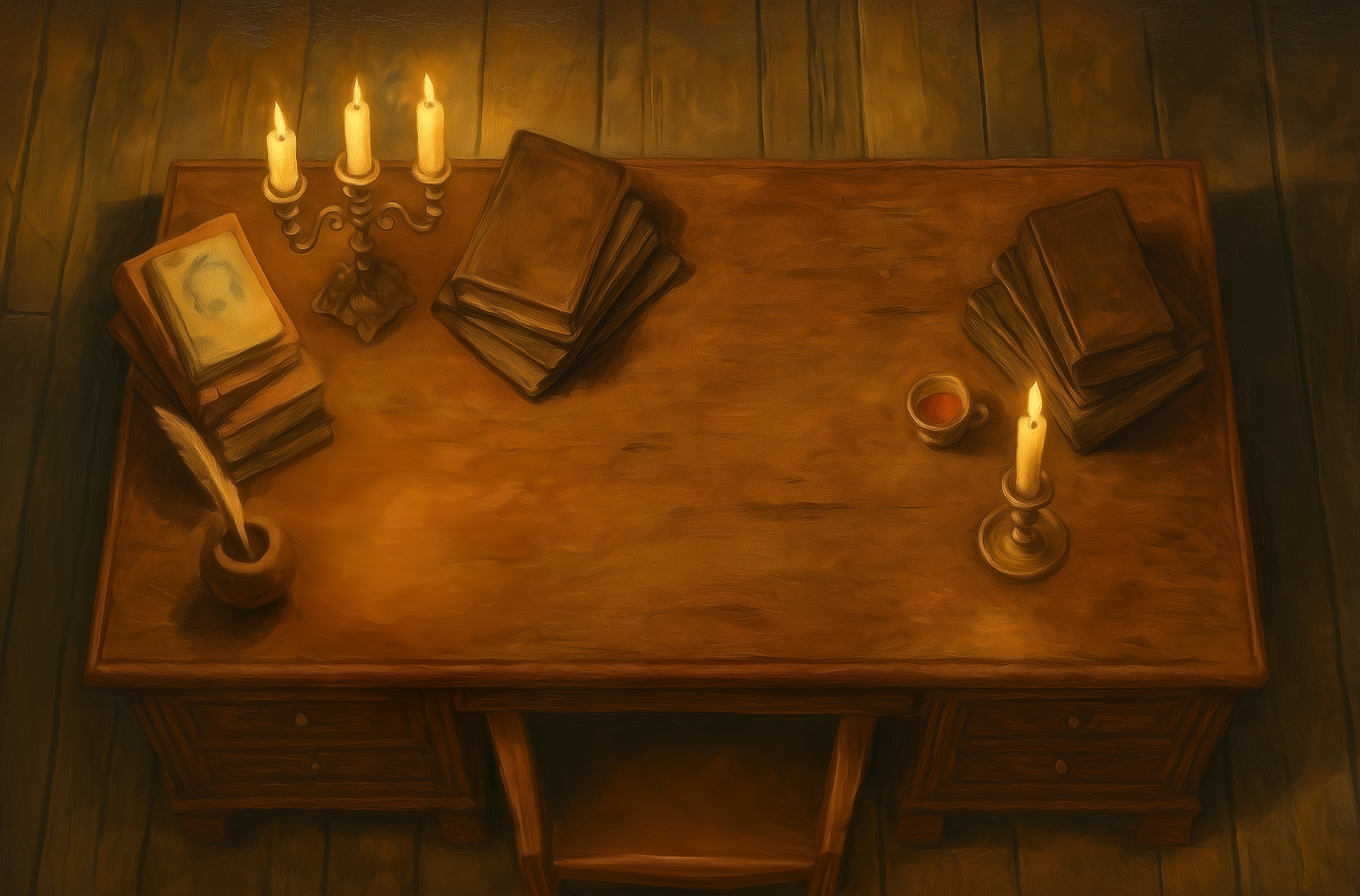 Ein von Kerzen beleuchteter Schreibtisch